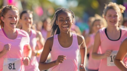A group of women runs happily in pink shirts during a charity event in a park