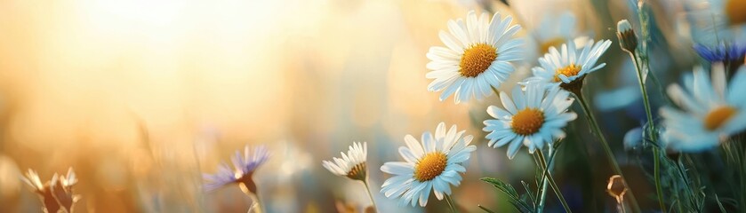 Fototapeta premium Beautiful Wild Daisies in a Sunlit Meadow During Golden Hour with Soft Focus and Warm Tones