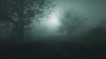 Fototapeta premium Gloomy, fog-shrouded landscape with eerie silhouettes and dim light, dark and mysterious