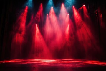 Free stage with lights and smoke, Empty stage with red spotlights, conser, show, party, Presentation concept. Red spotlight strike on black background	
