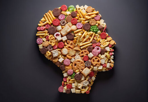 Naklejki Creative Food Art Displayed as Silhouette of a Human Head Made From Snacks and Sweets