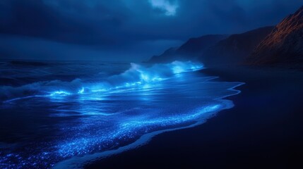 Bioluminescent Waves Crashing on a Black Sand Beach at Night.