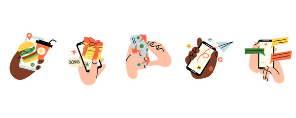 Hands with smartphones. Hand hold phone, Chatting, online shopping, making photo, food delivery. Different application. Communication in app modern device vector cartoon flat isolated illustration set