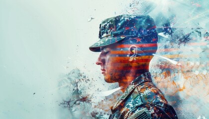 Soldier in uniform with patriotic overlay representing courage and service to the nation