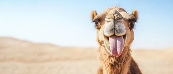 Funny animal wildlife photography - Close up portrait of funny camel drommedary with tongue stuck out in the desert