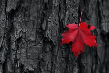 Selective Color: Red Autumn Leaf against Tree Trunk in Nature