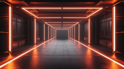 A futuristic corridor illuminated by glowing orange neon lights, creating a dramatic and immersive atmosphere.