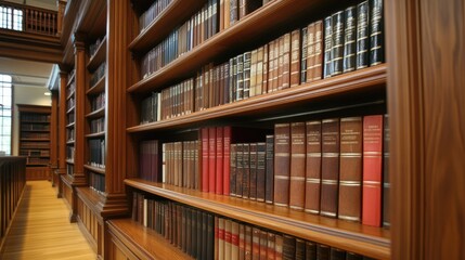 Obraz premium Law Library. The Law Firm's large array of books and legal references are neatly arranged in large bookcases