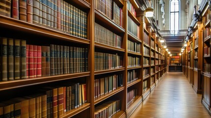 Obraz premium Law Library. The Law Firm's large array of books and legal references are neatly arranged in large bookcases
