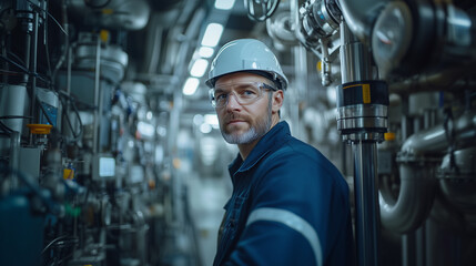Focused oil refinery worker supervising crude oil processing from a sophisticated control room, with advanced operational controls and safety systems.

