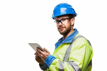 Fototapeta premium A construction worker in a blue hard hat, yellow safety vest, and safety goggles, holding and using a tablet, standing against a white background, showcasing modern construction.