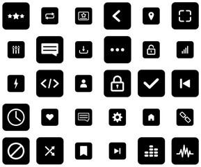 Set Of Essential Square Isolated Silhouette Solid Icons With Arrow,Back,Sound,Favorite,Square Vector Illustration Linear Pictogram Pack