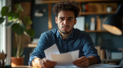 A man with a contemplative expression looking at papers on his desk.