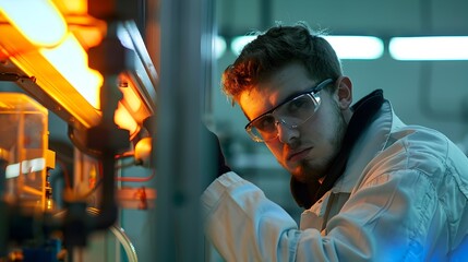 Obraz premium Industrial Worker Concentrating on a Task in a Factory.