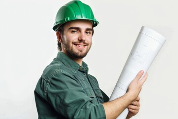 A young engineer wearing a green helmet and shirt, holding blueprints, symbolizes construction readiness and technical proficiency with a confident smile.