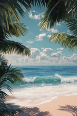 Obraz premium Tropical Beach Paradise with Palm Trees and Ocean Waves under a Sunny Sky