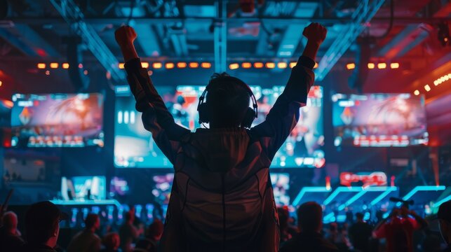 Intense esports tournament with gamers in action, competing on stage with large screens and cheering crowds
