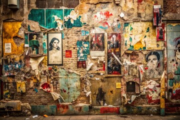Fototapeta premium Distressed urban wall with faded graffiti, peeling paint, and torn posters creates a gritty, atmospheric backdrop for edgy, rebellious, and unconventional creative projects.