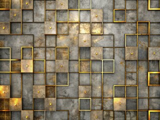 Grey grunge glossy texture overlaid with intricate golden squares in an abstract geometric pattern, evoking a sense of luxury, modernity, and futuristic sophistication.