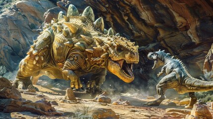 Fototapeta premium A thrilling scene unfolds as the powerful Ankylosaurus defends itself against a predatory dinosaur.