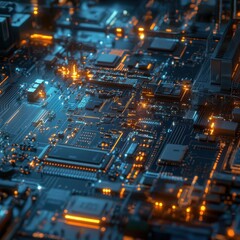 Abstract Close-up of a Circuit Board with Glowing Lights.