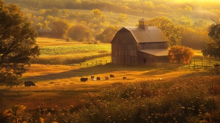 A tranquil farm scene with rolling fields of crops, a rustic barn, and grazing animals.