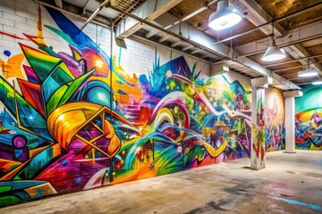 Naklejka premium Vibrant abstract graffiti splashes on a white wall, eclectic urban interior backdrop featuring dynamic street art, bold colors, and edgy textures in a modern setting.