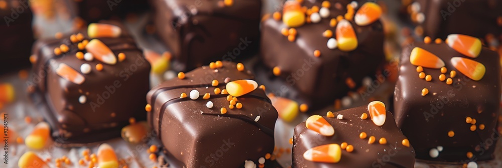 Sticker close-up of marshmallows coated in chocolate, accompanied by colorful candy corn and sprinkles.