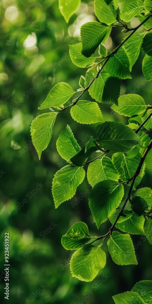 Poster a detailed image featuring vivid green leaves on a branch, set against a naturally blurred backgroun