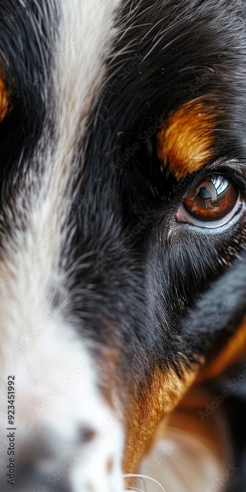 Poster an extreme close-up of a dog's eye captures intricate details of the fur patterns, highlighting the 