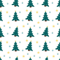 Blue Christmas tree and toys. Christmas pattern. New Year. Gift paper. Print seamless