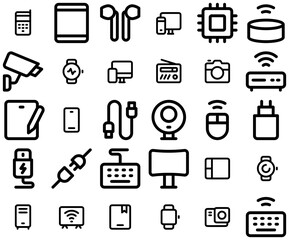 Set Of Linear Electronics Icons Collection Isolated Silhouette Solid Icons Including Device,Pc,Smart,Watch,Music Vector Illustration Linear Pictogram Pack