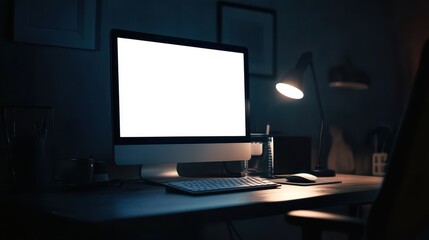 Fototapeta premium Modern Computer Desk Setup with Blank Screen, Keyboard, and Mouse in a Dimly Lit Room.