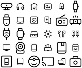 Mega Set Of Vector Electronic Device Isolated Silhouette Solid Icons With Electronics,Audio,Device,Technology,Music-And-Multimedia Stroke Icon Collection. Vector Illustration