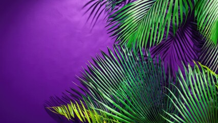 A vibrant scene of green palm leaves and their shadows on a purple wall, highlighting the interplay of light, shadow, and color