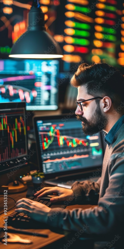 Poster An individual intensely analyzing multiple stock charts and data on monitors in a dimly lit room, reflecting the complexities and intensity of stock trading and finance.