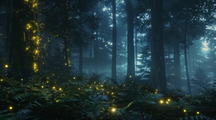 Fototapeta premium Moonlit forest with misty shadows and glowing fireflies, mystical atmosphere, hyper-realistic 4K photo. --ar 16:9 Job ID: 6feacb32-0a85-41b7-be5a-999a964c20d3