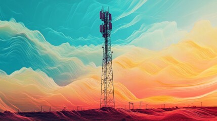Obraz premium A solitary telecommunication tower stands tall against a vibrant, abstract landscape. The sky blends from blue to orange, evoking a sense of connection and transmission.