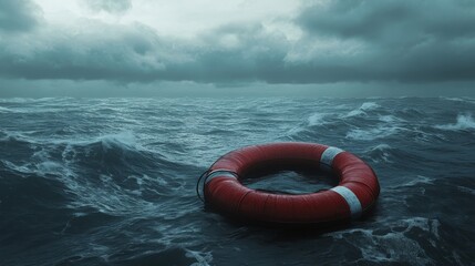 A solitary lifebuoy bobs on the stormy ocean, symbolizing hope, resilience, and the need for rescue in the face of adversity. The stormy sky and turbulent waves emphasize the danger, while the lifebuo