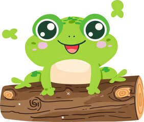Obraz premium Cute cartoon frog with big eyes smiles as it sits on a log.