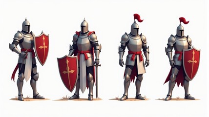Medieval Knights in Shining Armor with Red Shields - Detailed Illustration of Warriors