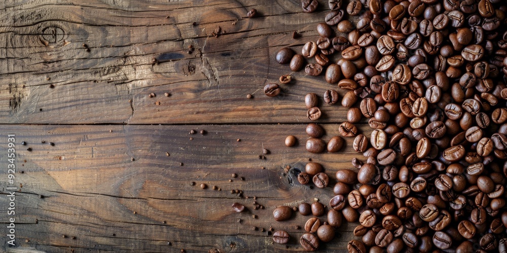 Poster An array of roasted coffee beans scattered on a rustic wooden surface, capturing the texture and rich color of the beans, perfect for coffee enthusiasts.