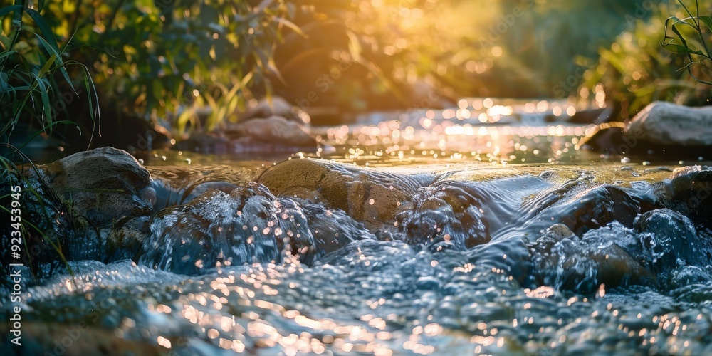 Poster a sparkling mountain stream flows over rocks, surrounded by lush green foliage and illuminated by wa