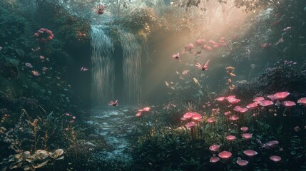 Enchanting Forest Waterfall with Pink Flowers and Butterflies
