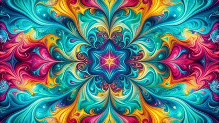 Vibrant swirls of turquoise, magenta, and yellow liquids merge in a mesmerizing dance, creating a kaleidoscope of shapes and colors in a hypnotic background.