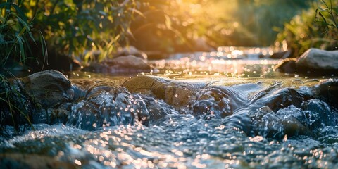 Fototapeta premium A sparkling mountain stream flows over rocks, surrounded by lush green foliage and illuminated by warm sunlight, evoking freshness, life, and a connection to nature.