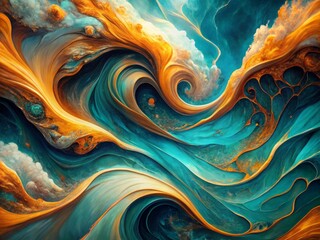 Obraz premium Vibrant teal and orange hues swirl in mesmerizing waves on a minimalist background, creating a luxurious abstract marble effect with geometric patterns in high definition.