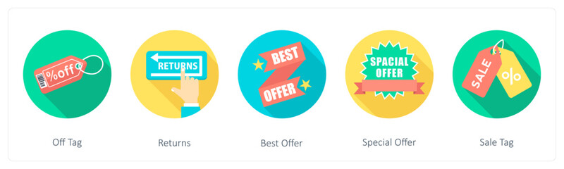 A set of 5 shopping icons as off tag, returns, best offer