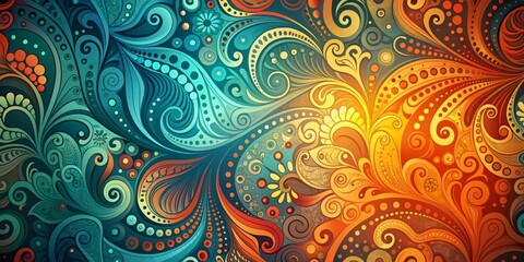 Fototapeta premium Vibrant abstract art wallpaper featuring swirling shapes and patterns on a mesmerizing teal and orange ombre background, perfect for modern digital designs.
