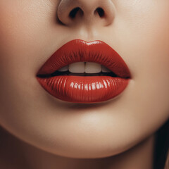 Fototapeta premium Close-up of a woman's amazing red lips, showcasing the middle of the face with a focus on lips.